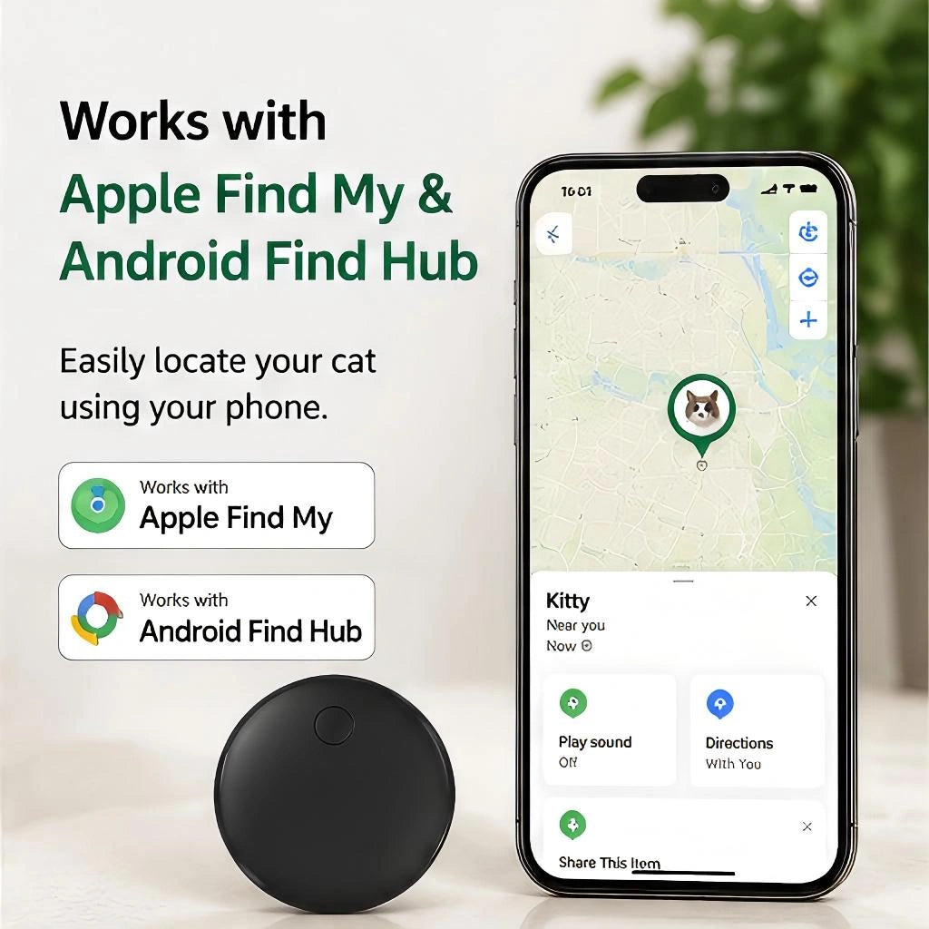 Smart Cat Bluetooth Tracker | Works with Apple Find My & Android Find Hub | Waterproof Cat Collar Locator Tag