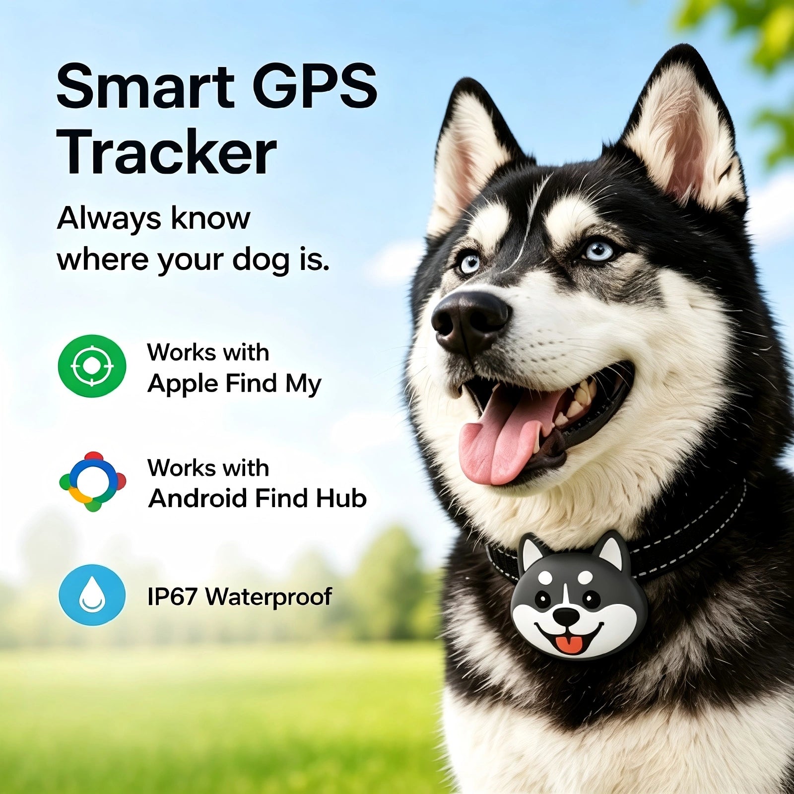 Smart Bluetooth Dog Tracker | Works with Apple Find My & Android Find Hub | Waterproof Pet Locator Tag | No Monthly Fees