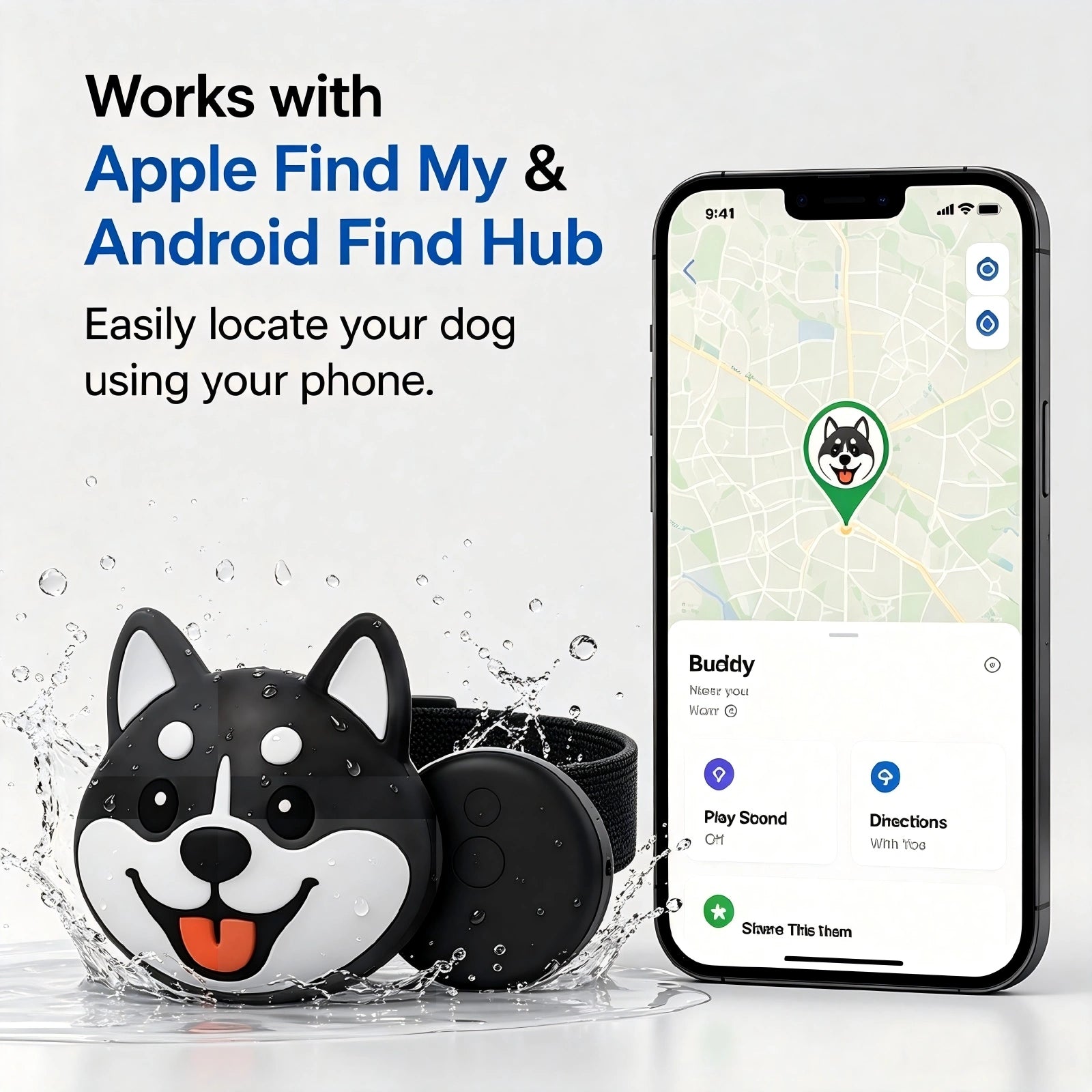 Smart Bluetooth Dog Tracker | Works with Apple Find My & Android Find Hub | Waterproof Pet Locator Tag | No Monthly Fees